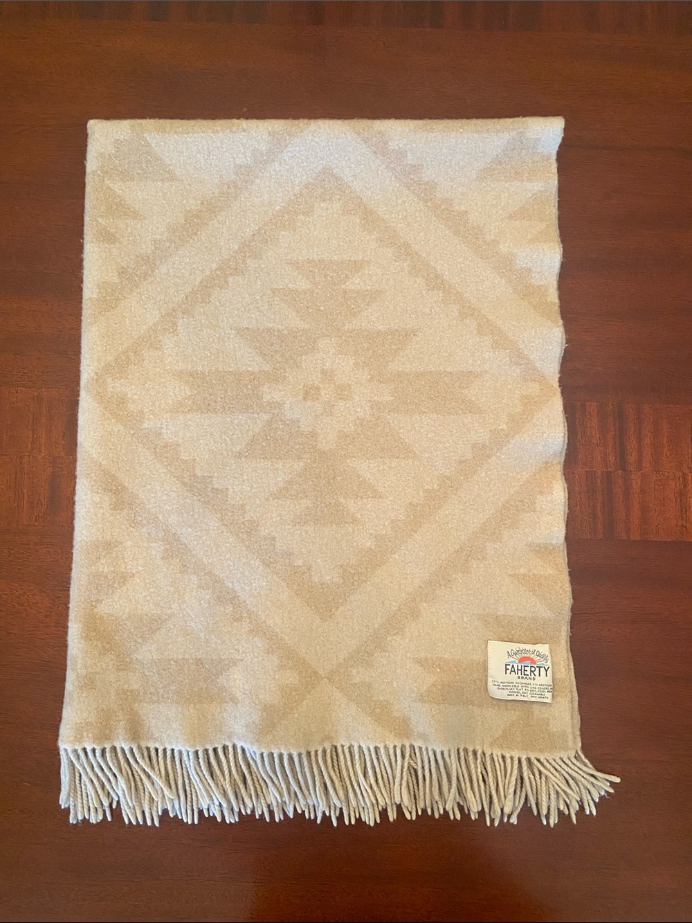 Faherty Cream & Beige Geometric Cashmere Wool Throw with Fringe Made in Italy